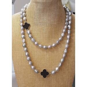 36" silver grey freshwater pearl rope necklace with clover enamel accents 🆕